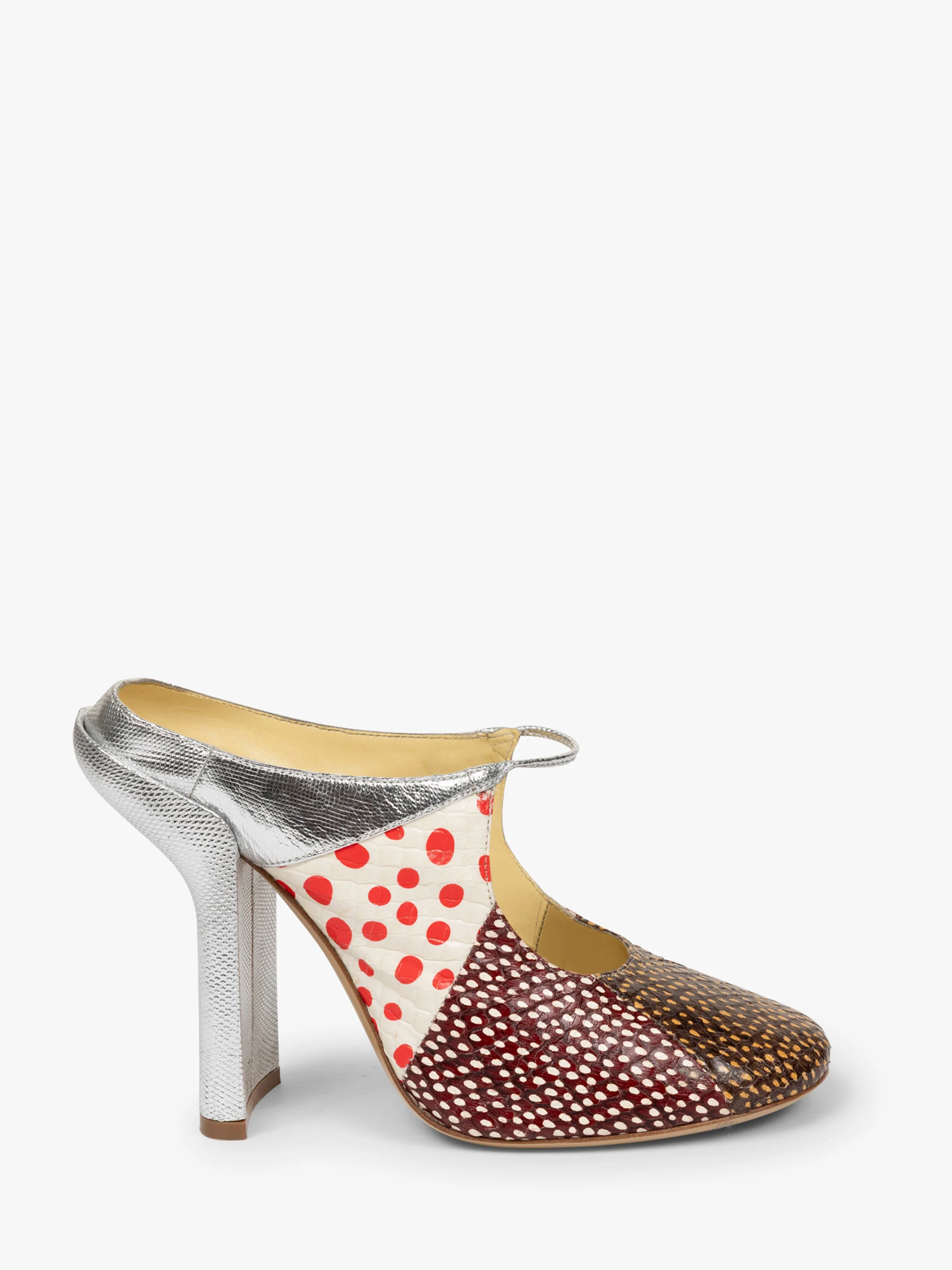 Heeled patchwork mules