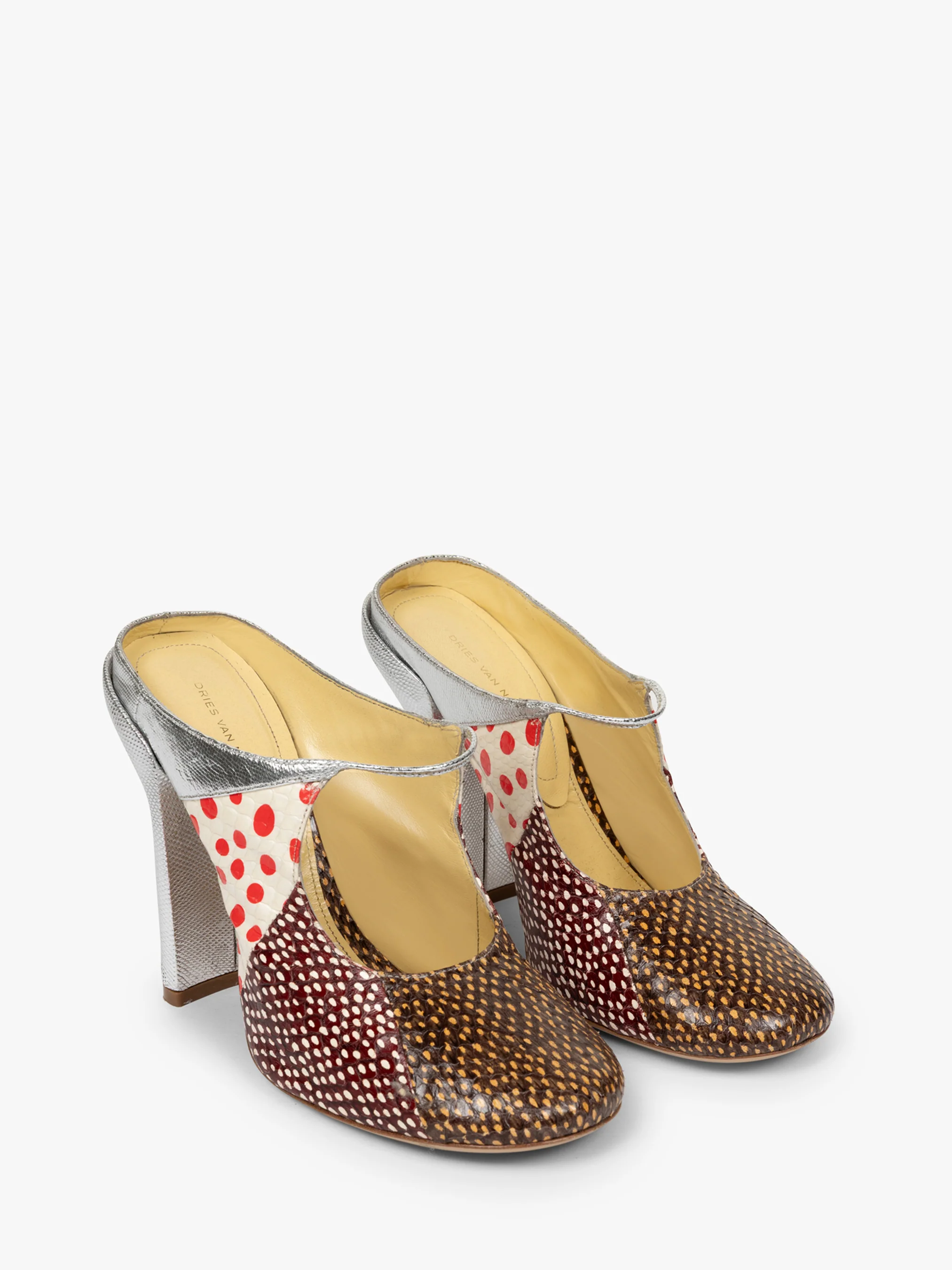 Heeled patchwork mules