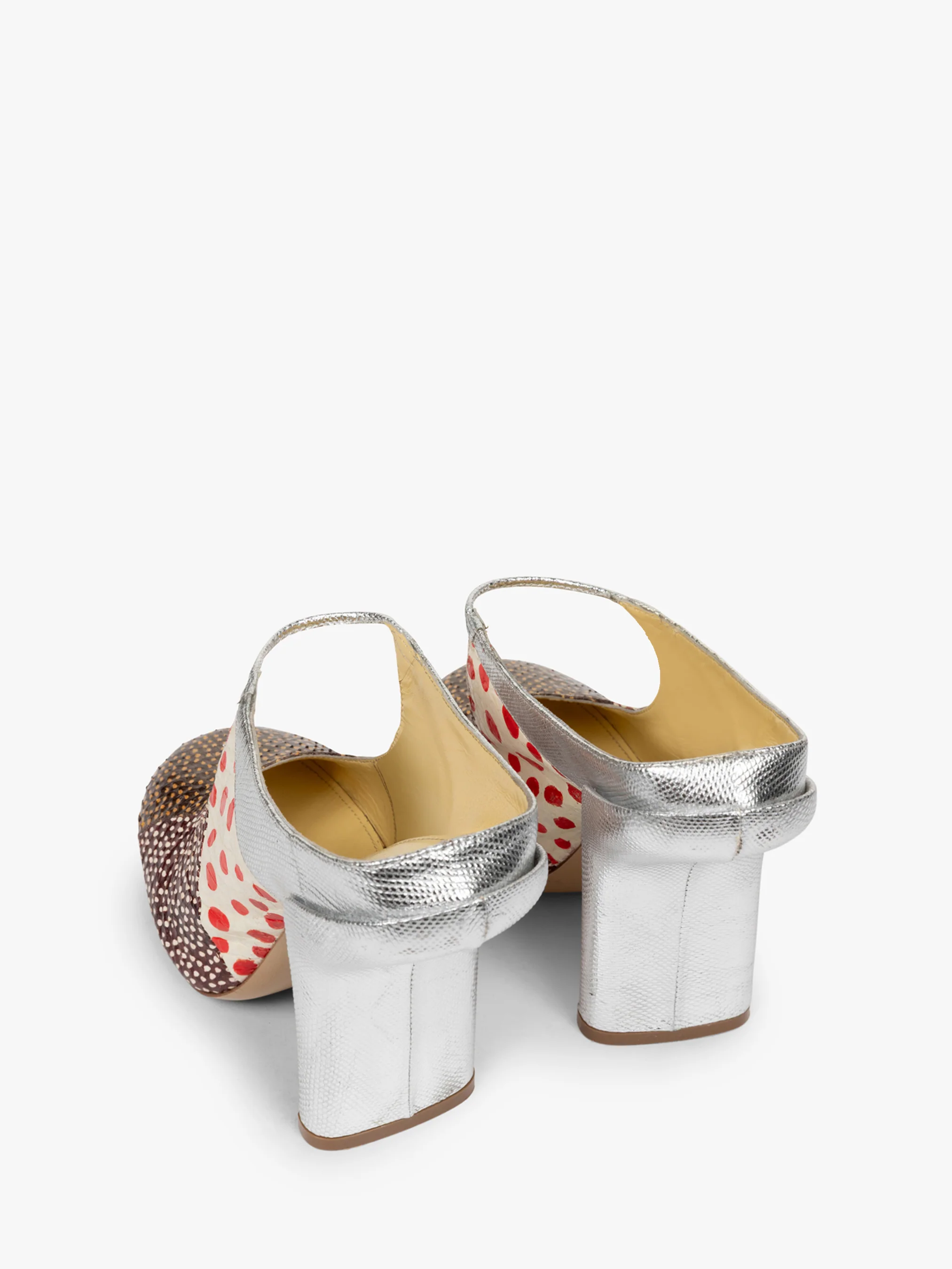 Heeled patchwork mules