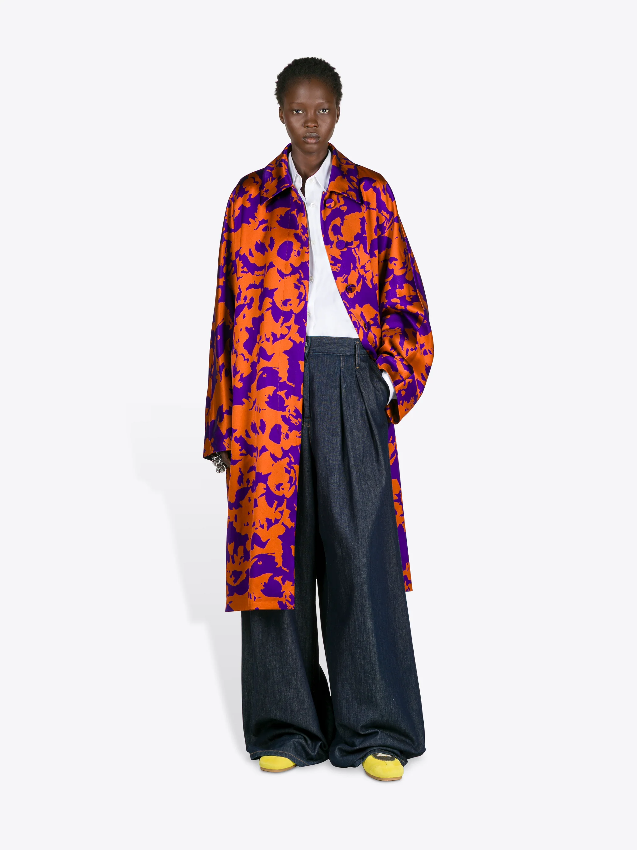 Floral viscose satin coat